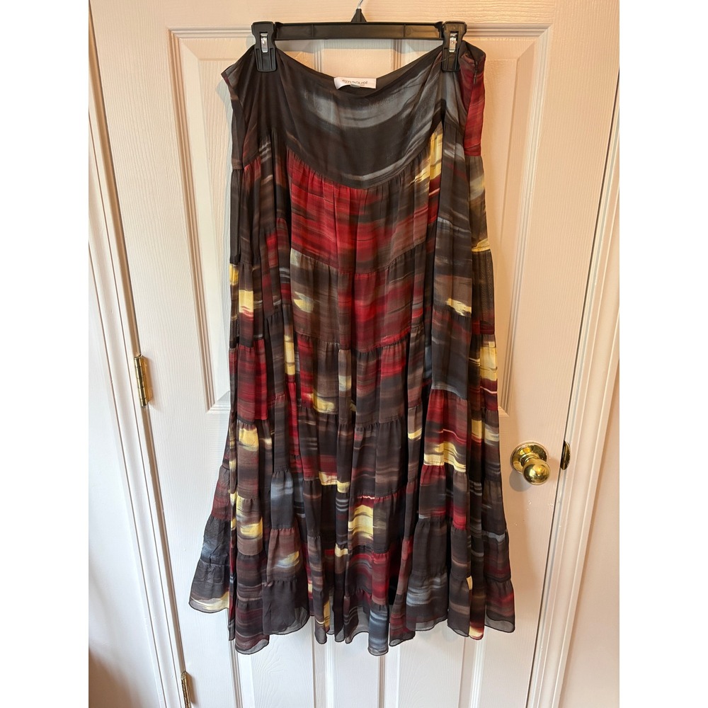 Emanuel Ungaro Maxi Skirt Womens 14 Brown Red Silk Tiered Abstract Chiffon Boho